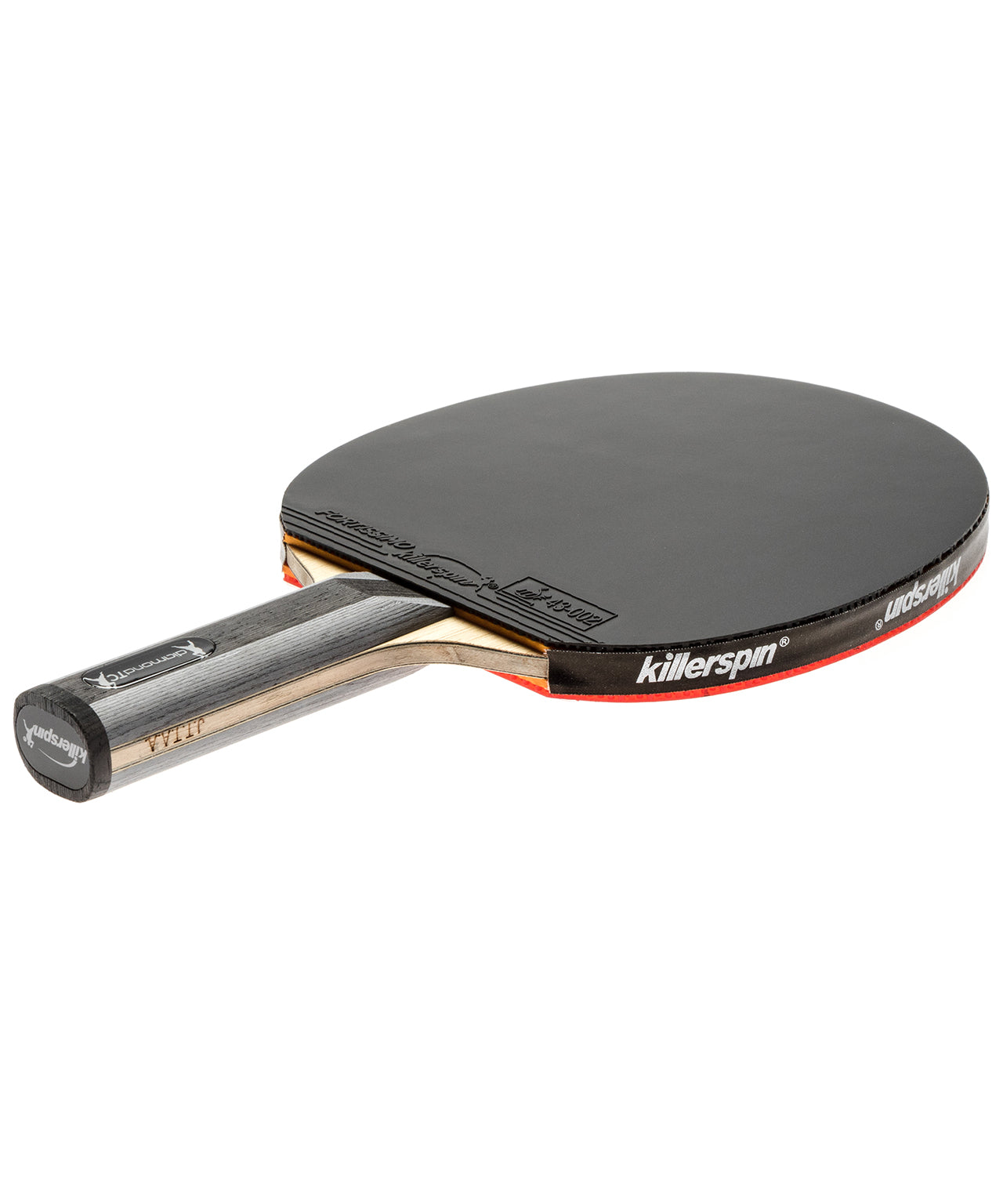 Table tennis paddle with black and red design on a white background