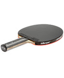 Table tennis paddle with black and red design on a white background