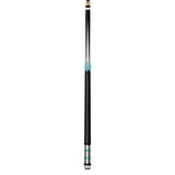 The Lucasi Hybrid® LHC98 is a black and white pool cue with blue accents and a low deflection shaft.