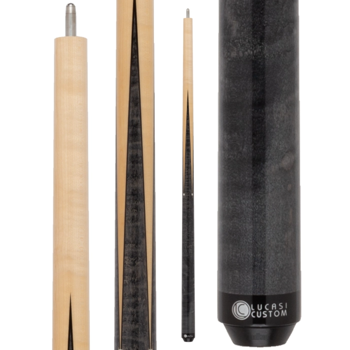 Lucasi Custom pool cue with wooden tip, black shaft, and carbon fiber tip on a white background.