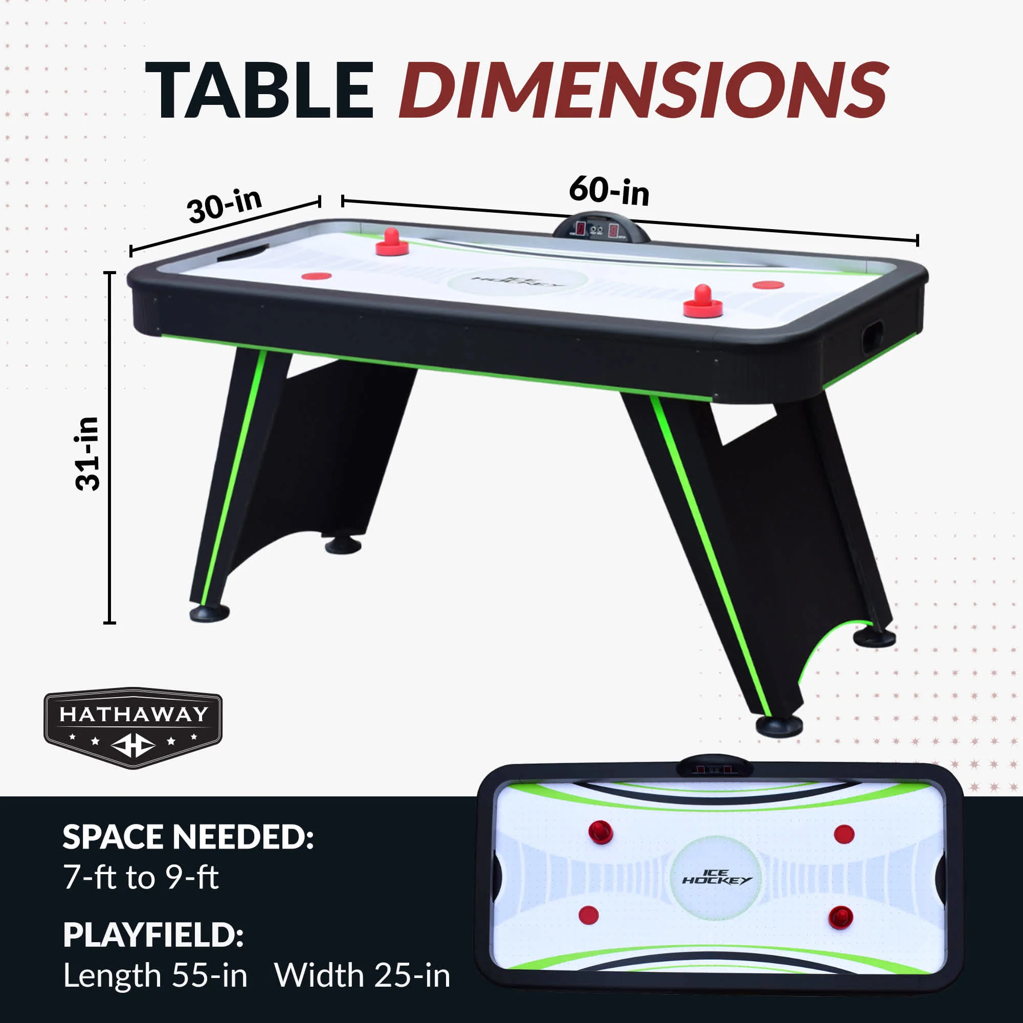 Hathaway Voyager 5-ft Air Hockey Table with LED scoring, 60"x30"x31", 120V blower.