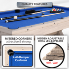 Pool table with quality features highlighted, including mitered corners, K-66 bumper cushions, and hidden adjustable dual leg levelers.