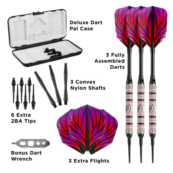 Dart set with components including a case, darts, shafts, tips, and flights on a white background.