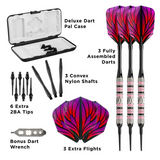 Dart set with components including a case, darts, shafts, tips, and flights on a white background.