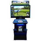 Golden Tee arcade machine with a screen displaying a golf game on a white background