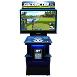 Golden Tee arcade machine with a screen displaying a golf game on a white background