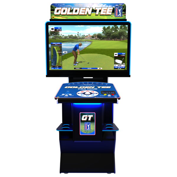 Golden Tee arcade machine with a screen displaying a golf game on a white background
