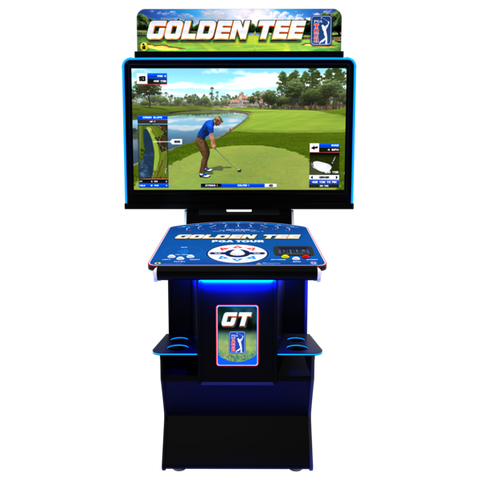 Golden Tee arcade machine with a screen displaying a golf game on a white background