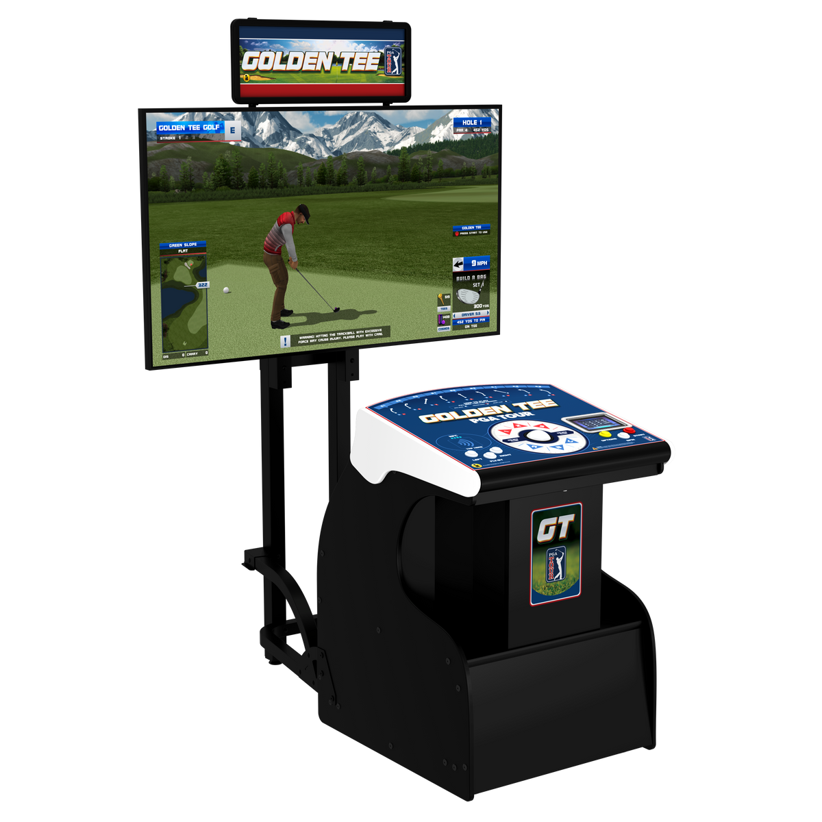 A Golden Tee golf arcade machine with a large front-facing monitor showing a golf game, a smaller overhead display, and a control console with a touch screen, photographed on a plain white background.