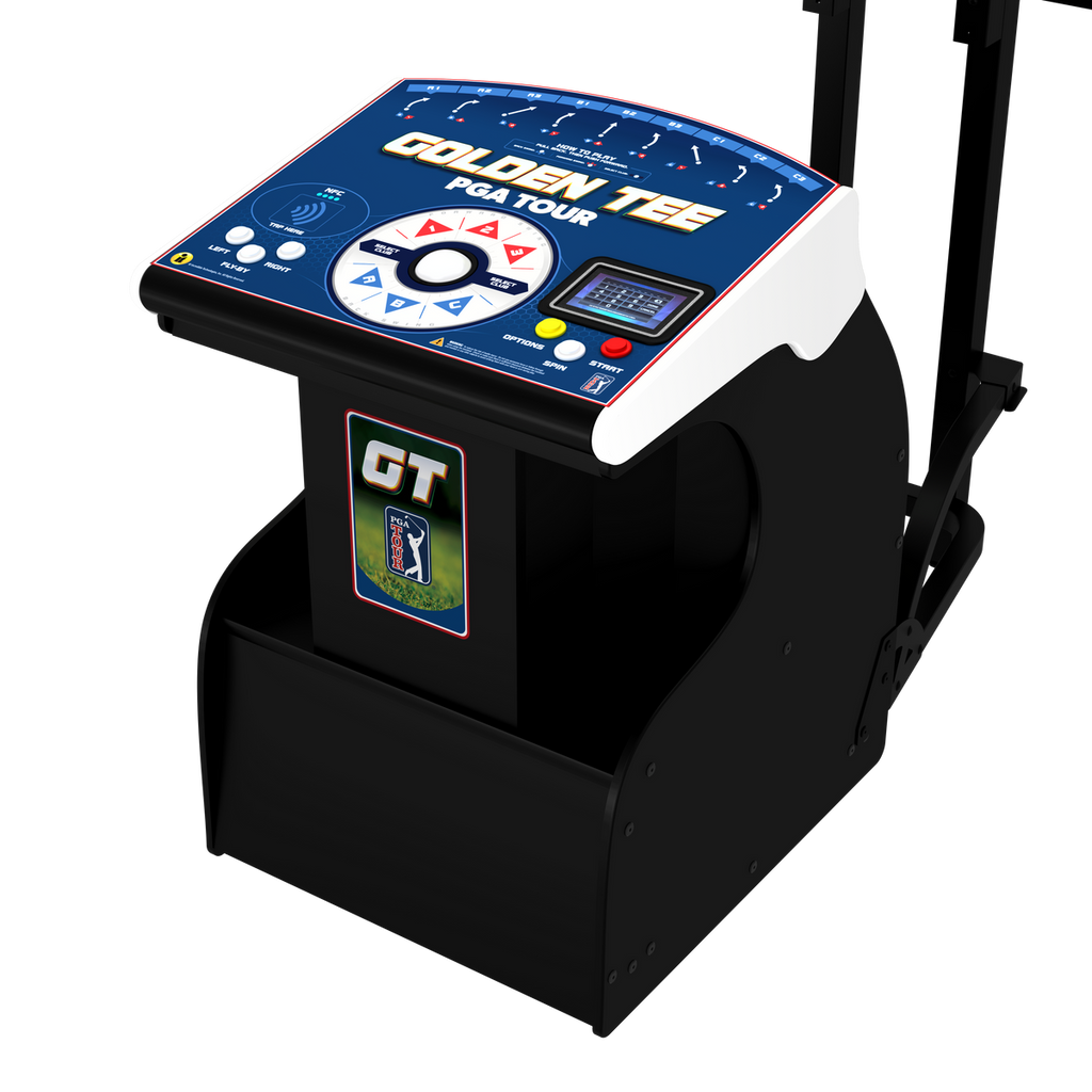 A black golf simulator with a blue and white digital display screen on top, featuring the text 'GOLDEN TEE PGA TOUR' and a 'GT' decal on the front, shown on a solid white background.