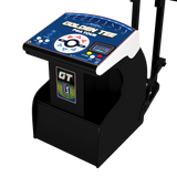 A black golf simulator with a blue and white digital display screen on top, featuring the text 'GOLDEN TEE PGA TOUR' and a 'GT' decal on the front, shown on a solid white background.