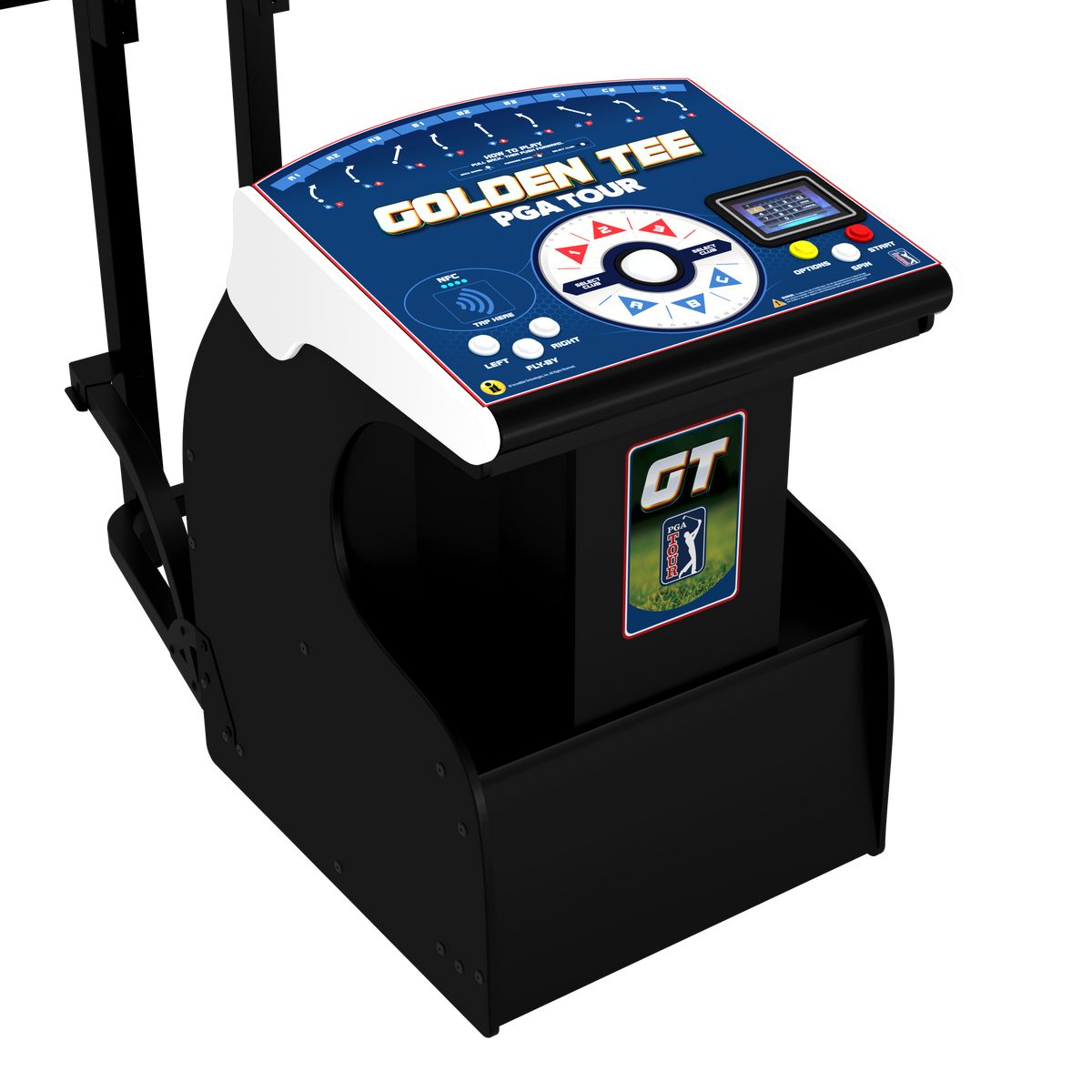 A black golf simulator practice range with a blue control console labeled 'GOLDEN TEE PGA TOUR' and a visible GT logo on the front panel, shown on a plain white background.