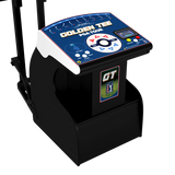 A black golf simulator practice range with a blue control console labeled 'GOLDEN TEE PGA TOUR' and a visible GT logo on the front panel, shown on a plain white background.