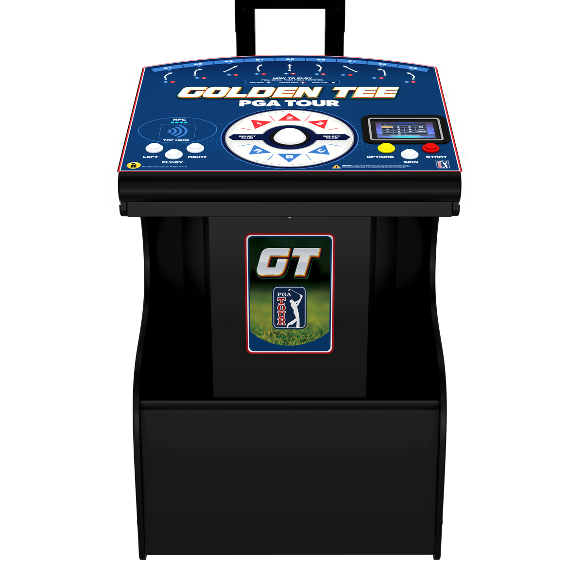 A black arcade-style golf machine labeled 'GOLDEN TEE PGA TOUR' with a blue control panel, white directional pad, and a GT logo on the front, shown on a plain white background.