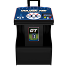 A black arcade-style golf machine labeled 'GOLDEN TEE PGA TOUR' with a blue control panel, white directional pad, and a GT logo on the front, shown on a plain white background.