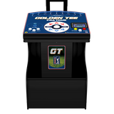 A black arcade-style golf machine labeled 'GOLDEN TEE PGA TOUR' with a blue control panel, white directional pad, and a GT logo on the front, shown on a plain white background.