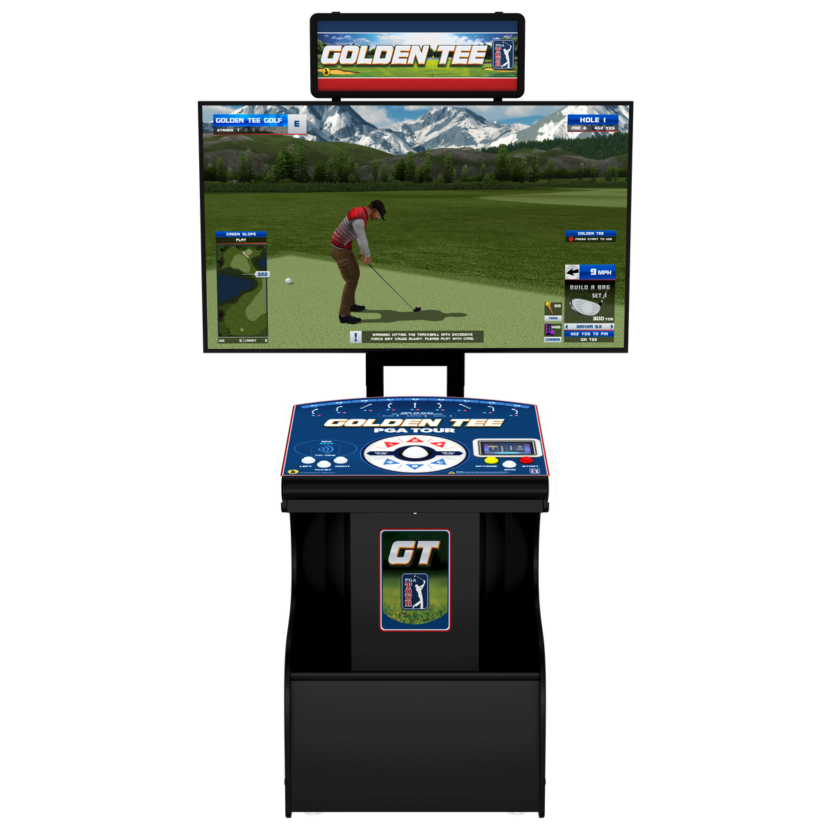 Golden Tee golf arcade machine with a large screen showing a golf game, a control panel with buttons, and a black cabinet on a white background.