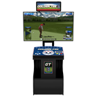 Golden Tee golf arcade machine with a large screen showing a golf game, a control panel with buttons, and a black cabinet on a white background.