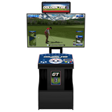 Golden Tee golf arcade machine with a large screen showing a golf game, a control panel with buttons, and a black cabinet on a white background.