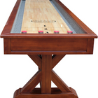 Wooden shuffleboard table with red pucks on a white background