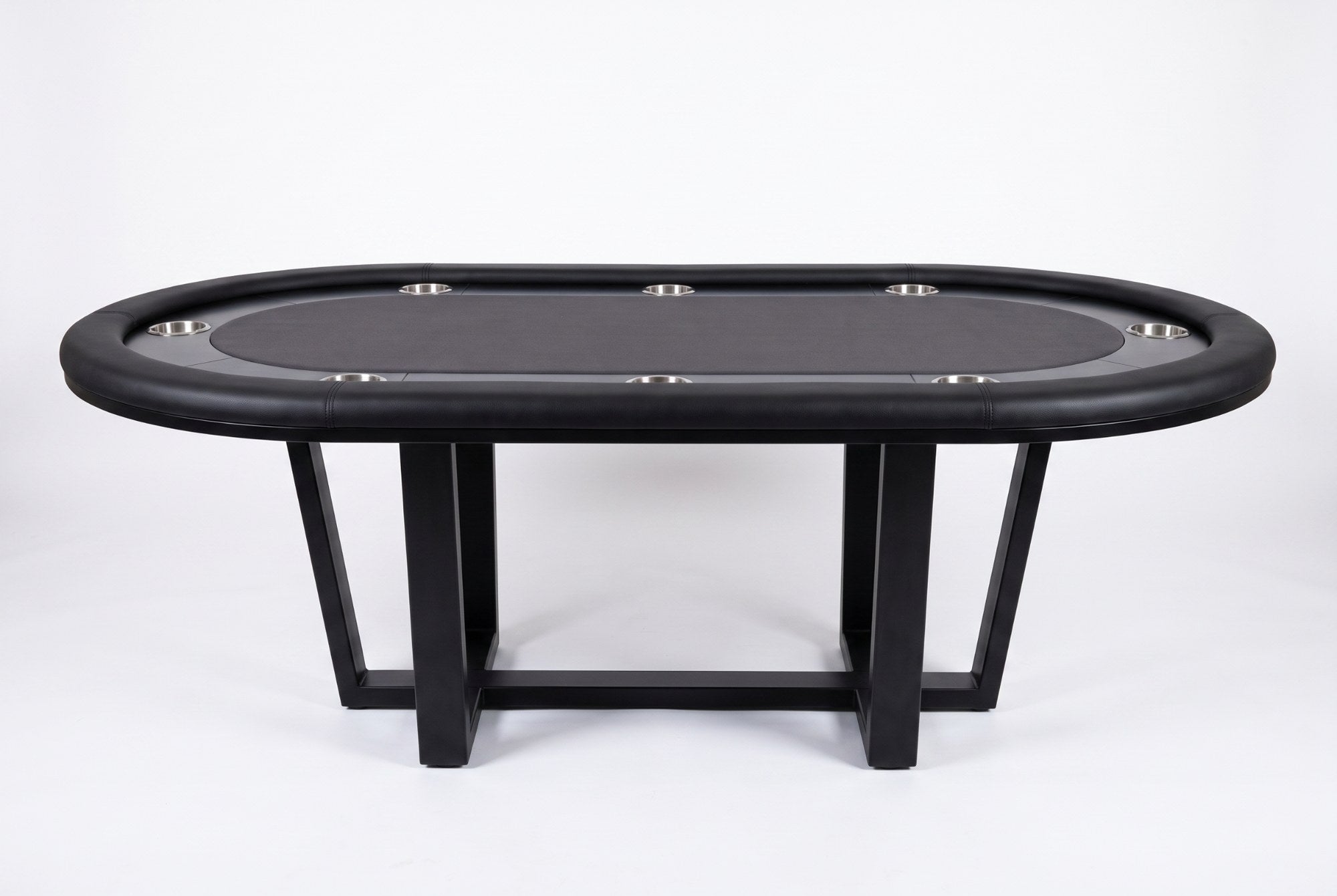 An oval black poker table with a black felt playing surface and a black metal frame, shown on a clean white studio background.