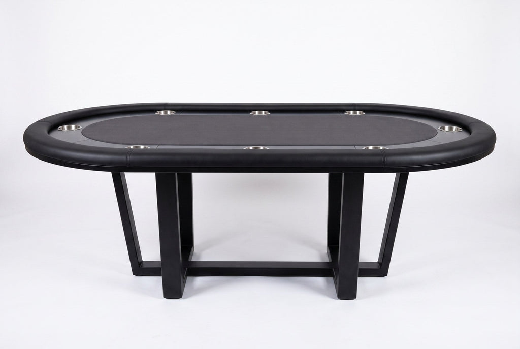 An oval black poker table with a black felt playing surface and a black metal frame, shown on a clean white studio background.
