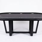 An oval black poker table with a black felt playing surface and a black metal frame, shown on a clean white studio background.