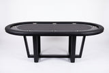An oval black poker table with a black felt playing surface and a black metal frame, shown on a clean white studio background.
