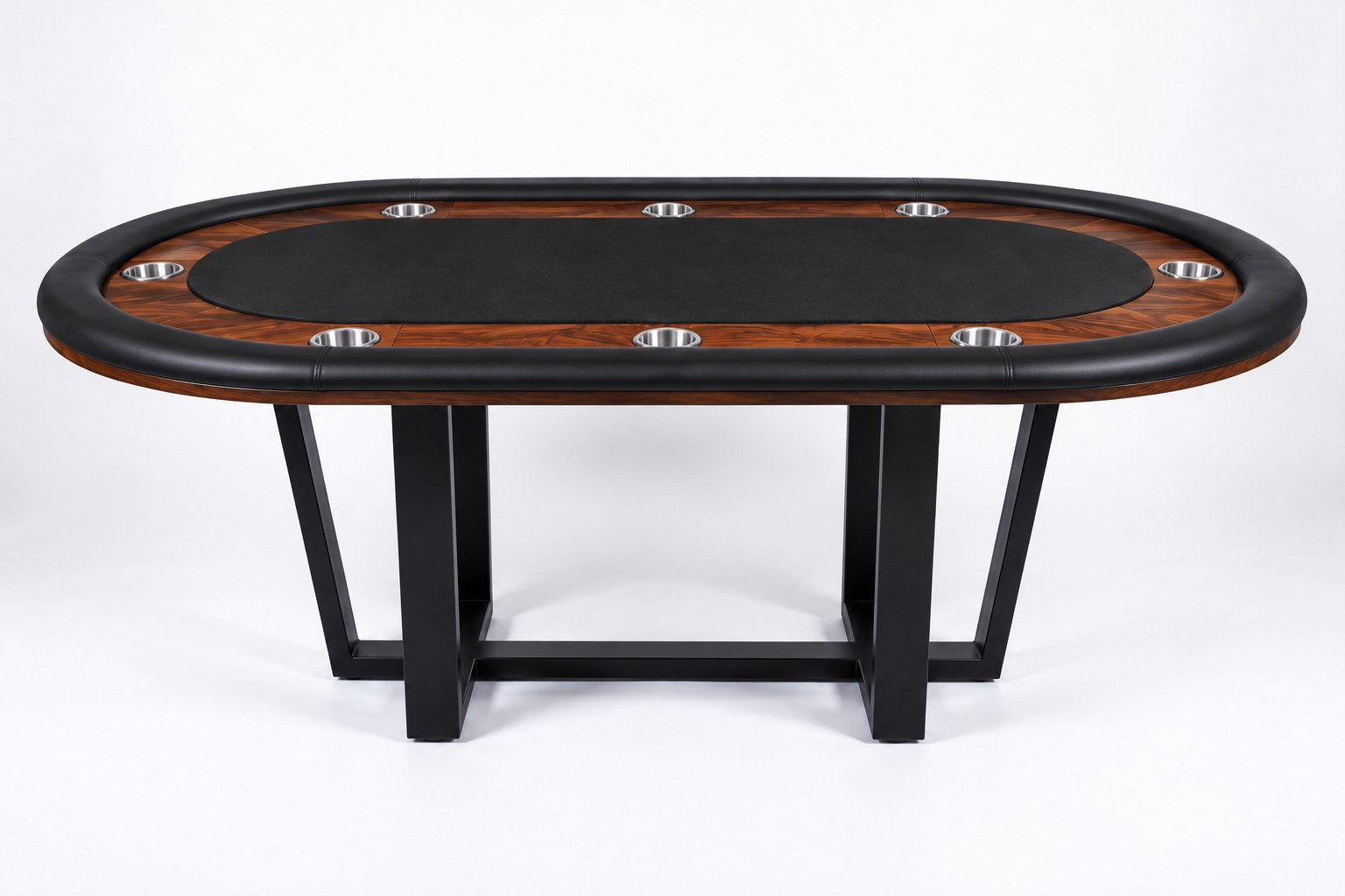 An oval poker table with a dark wood grain top, black felt playing surface, black padded edges, and black metal legs, shown on a white studio background.