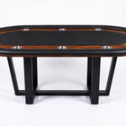 An oval poker table with a dark wood grain top, black felt playing surface, black padded edges, and black metal legs, shown on a white studio background.