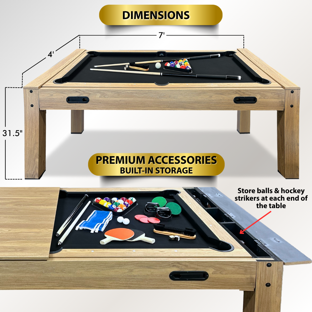 Multi-game table with pool, hockey, and ping pong components, showing dimensions and storage features.
