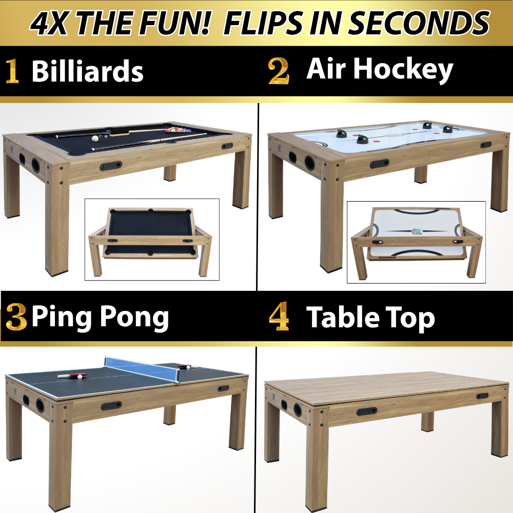 Multi-game table converting between billiards, air hockey, ping pong, and table top configurations.