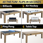 Multi-game table converting between billiards, air hockey, ping pong, and table top configurations.