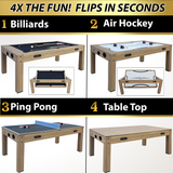 Multi-game table converting between billiards, air hockey, ping pong, and table top configurations.
