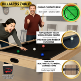 Two people playing pool on a billiards table with promotional text about the table's features.
