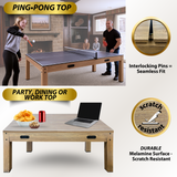 Multi-functional table with ping pong top and dining surface, featuring interlocking pins and scratch-resistant finish.