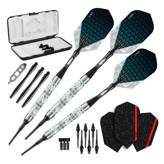 Dart set with darts, flight covers, and accessories on a white background