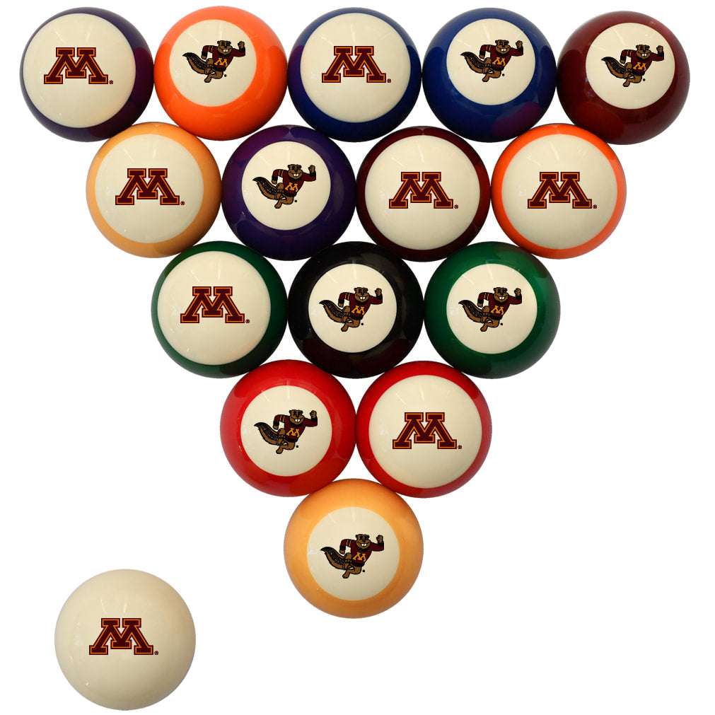 A set of triangular pool balls with the Minnesota Golden Gophers logo, including cream, orange, blue, red, green, purple, and maroon balls, arranged on a white background with one cream ball shown separately in the lower left.