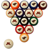 A set of triangular pool balls with the Minnesota Golden Gophers logo, including cream, orange, blue, red, green, purple, and maroon balls, arranged on a white background with one cream ball shown separately in the lower left.