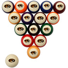 A set of 15 pool balls arranged in a triangle on a white background, with one ball placed separately in the lower left. Each ball features a cream center with a printed tiger head logo, surrounded by a colored border.