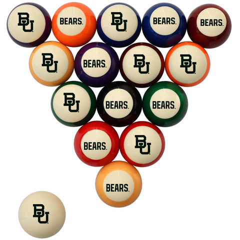 A set of triangular pool balls printed with the Baylor Bears logo and name, with one ivory ball shown separately at the bottom left, on a plain white background.