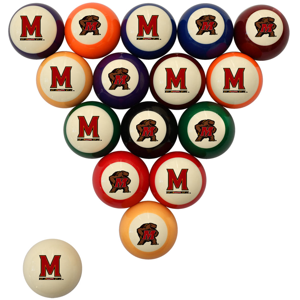 A set of triangular pool balls with a University of Arkansas Razorbacks theme, featuring cream-colored balls with red 'M' logos, orange balls with 'AR' logos, and multicolor balls with 'M' and 'AR' logos, arranged on a white background.