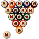 A set of triangular pool balls with a University of Arkansas Razorbacks theme, featuring cream-colored balls with red 'M' logos, orange balls with 'AR' logos, and multicolor balls with 'M' and 'AR' logos, arranged on a white background.