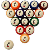 A set of triangular pool balls with a cream center and a black bear paw logo with a red block underneath, shown in multiple colors including orange, blue, purple, green, red, and brown, with one ball placed separately in the lower left on a white background.