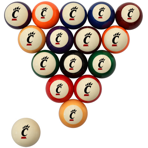 A set of triangular pool balls with a cream center and a black bear paw logo with a red block underneath, shown in multiple colors including orange, blue, purple, green, red, and brown, with one ball placed separately in the lower left on a white background.