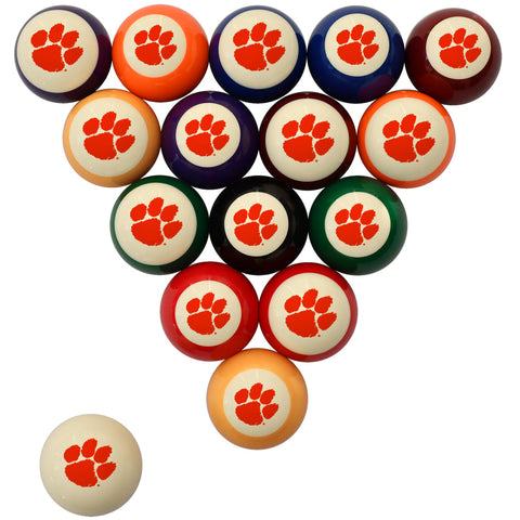 A set of triangular pool balls with a Clemson Tigers paw print logo, shown on a solid white background. The set includes multiple colors (orange, blue, red, green, purple, black, white, and tan) and one loose white ball.