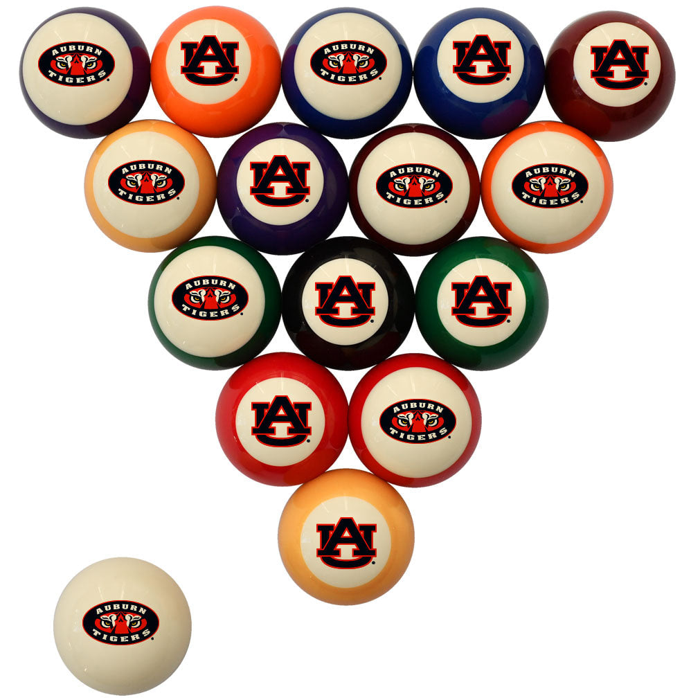 A set of 15 Auburn Tigers themed pool balls arranged in a triangle on a white background, with one ball shown separately in the bottom-left corner. The balls feature the Auburn Tigers logo in red, black, and white, with various colored outer rings in orange, blue, purple, green, and red.
