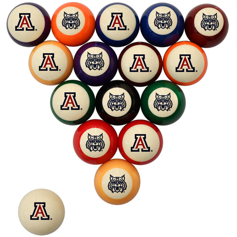 A set of triangular pool balls with Arizona Wildcats branding, including a white cue ball with a red and blue 'A' logo, shown on a plain white background.