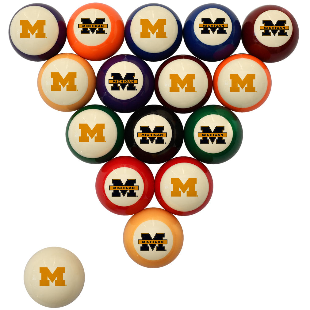A set of triangular pool balls with a Michigan State University theme, featuring a large orange 'M' on cream-colored balls and black-and-orange 'MICHIGAN STATE UNIVERSITY' logos on orange, blue, purple, black, green, red, and cream-colored balls. One cream-colored ball is shown separately in the bottom left corner against a plain white background.