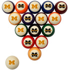 A set of triangular pool balls with a Michigan State University theme, featuring a large orange 'M' on cream-colored balls and black-and-orange 'MICHIGAN STATE UNIVERSITY' logos on orange, blue, purple, black, green, red, and cream-colored balls. One cream-colored ball is shown separately in the bottom left corner against a plain white background.